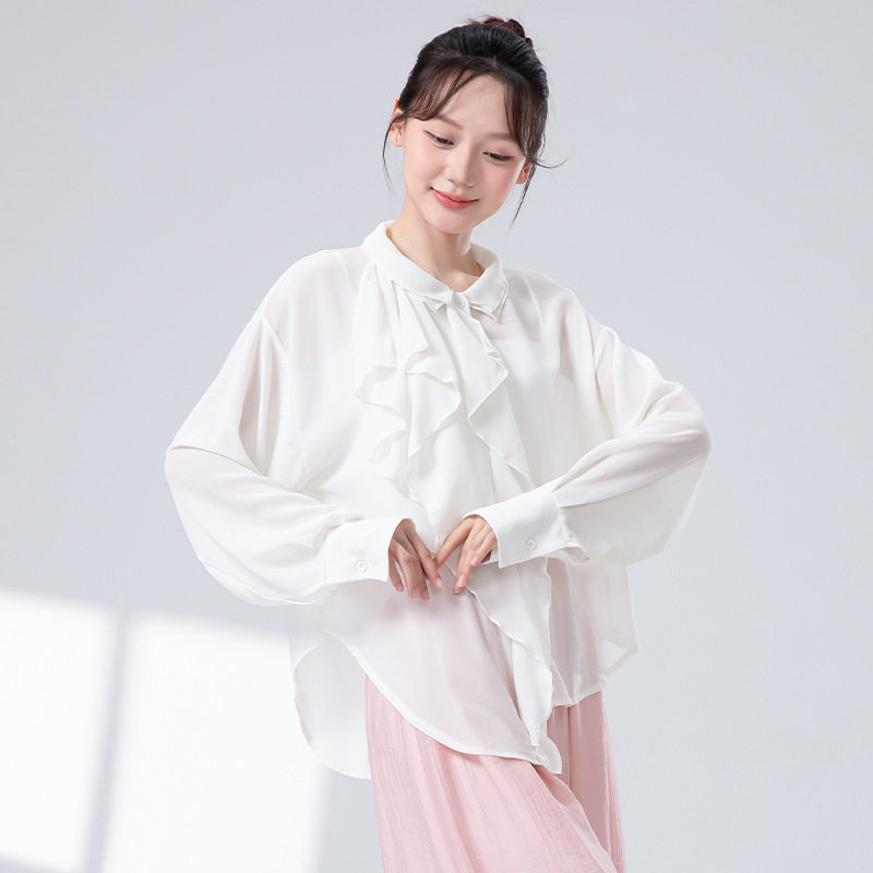 现代舞练功服女衬衫夏季设计感荷叶边飘逸演出服学生宽松雪纺开衫