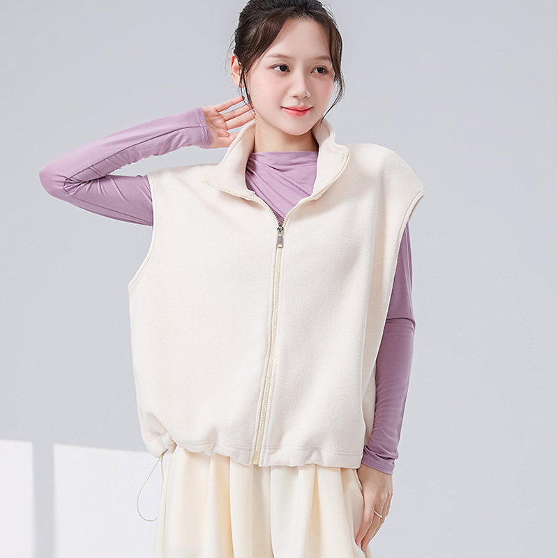 秋冬现代广场舞服装女无袖立领马甲米白色宽松保暖练功服拉链上衣