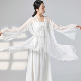前世今生中国风雪纺开衫舞蹈服飘逸喇叭袖系带演出服中长款练功服