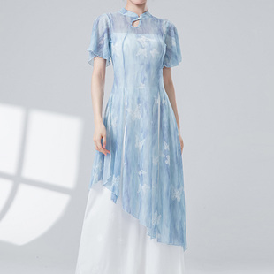 古典舞长款纱衣练功服中国风飘逸印花形体服旗袍领舞蹈服网纱上衣