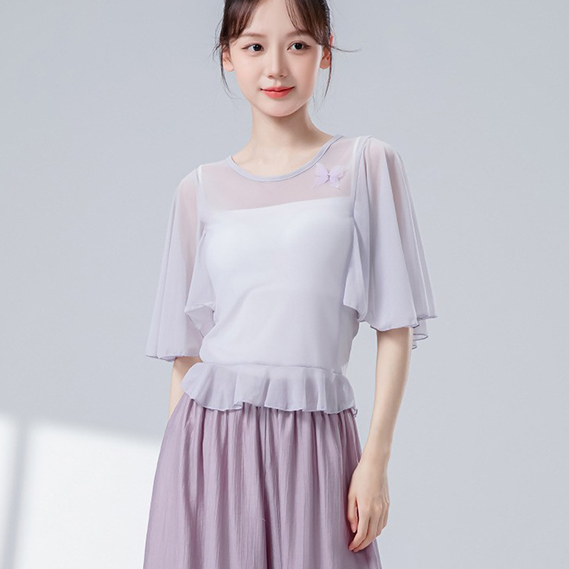 夏季小飞袖网纱上衣舞蹈服成人练功服收腰荷叶边形体服古典舞纱衣