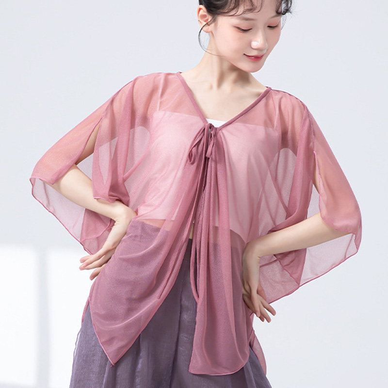 古典舞仙气飘逸外搭开衫现代舞蝙蝠袖宽松练功服系带纱衣演出服女
