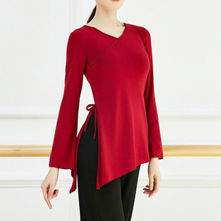 练功服女古典舞莫代尔系带舞蹈服装开叉瑜伽上衣V领喇叭袖演出服