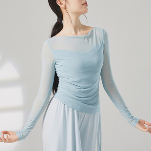 现代舞假两件网纱练功服夏季显瘦长袖瑜伽演出服学生古典舞女上衣