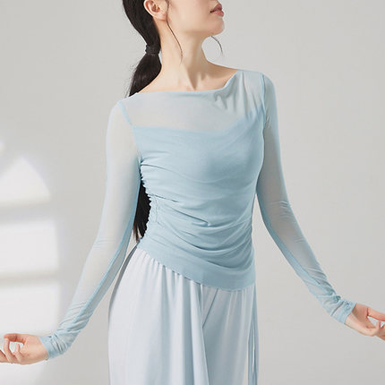 现代舞假两件网纱练功服夏季显瘦长袖瑜伽演出服学生古典舞女上衣