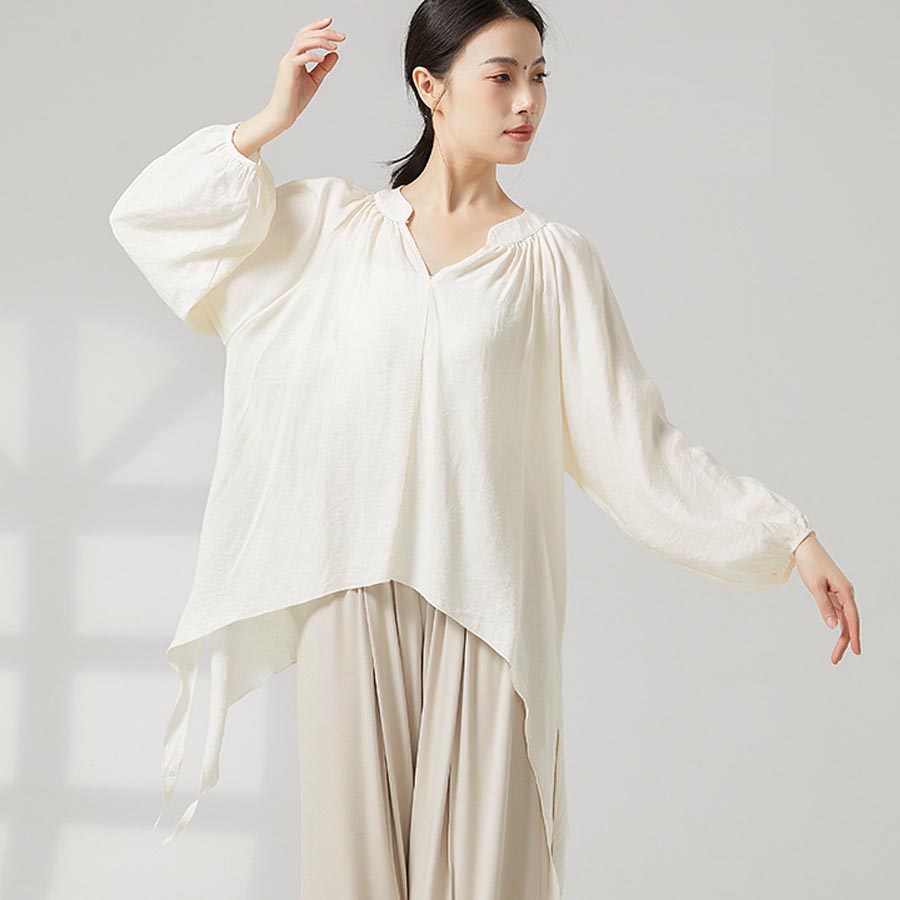 现代舞宽松长袖开叉上衣中国古典舞V领练功服学生舞蹈服飘逸罩衫