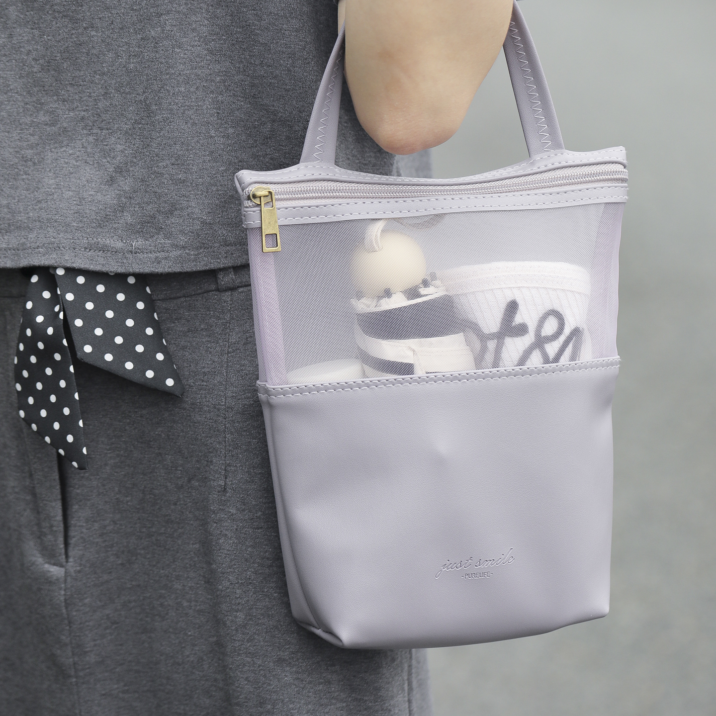 灰紫色环保pu皮洗漱袋旅行手提袋