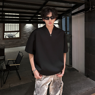 简约V领金属装饰休闲短袖T恤 百搭流行上衣oversize 409-2531-P35
