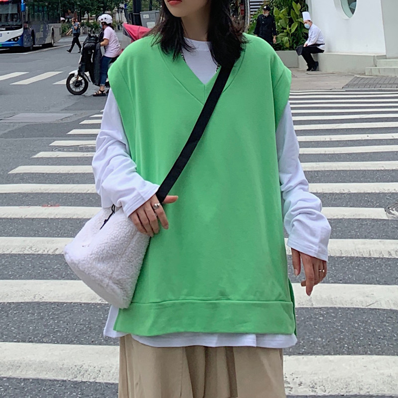 2021港风男女春季宽松V领无袖卫衣马甲背心+慵懒打底衫上衣两件套图片