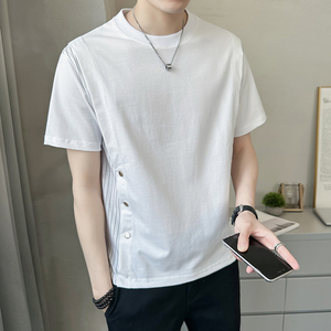 男短袖夏季新款条纹拼接衣服潮牌圆领白色男士t恤A307-TX66-P48图片