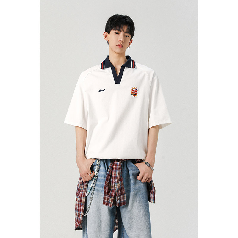 美式复古polo短袖T恤男2025夏季宽松V领半袖新款上衣409-2529-P45,男装T恤,星座409(原A307）