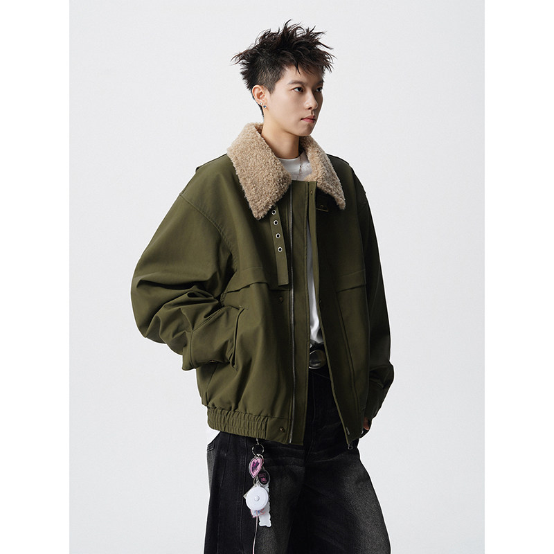 美式cleanfit羊羔绒翻领拼接夹克男短工装外套潮409-J216-P125,男装夹克,星座409(原A307）