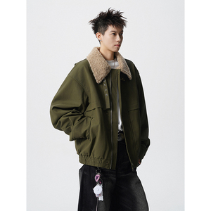 美式cleanfit羊羔绒翻领拼接夹克男短工装外套潮 409-J216-P125图片