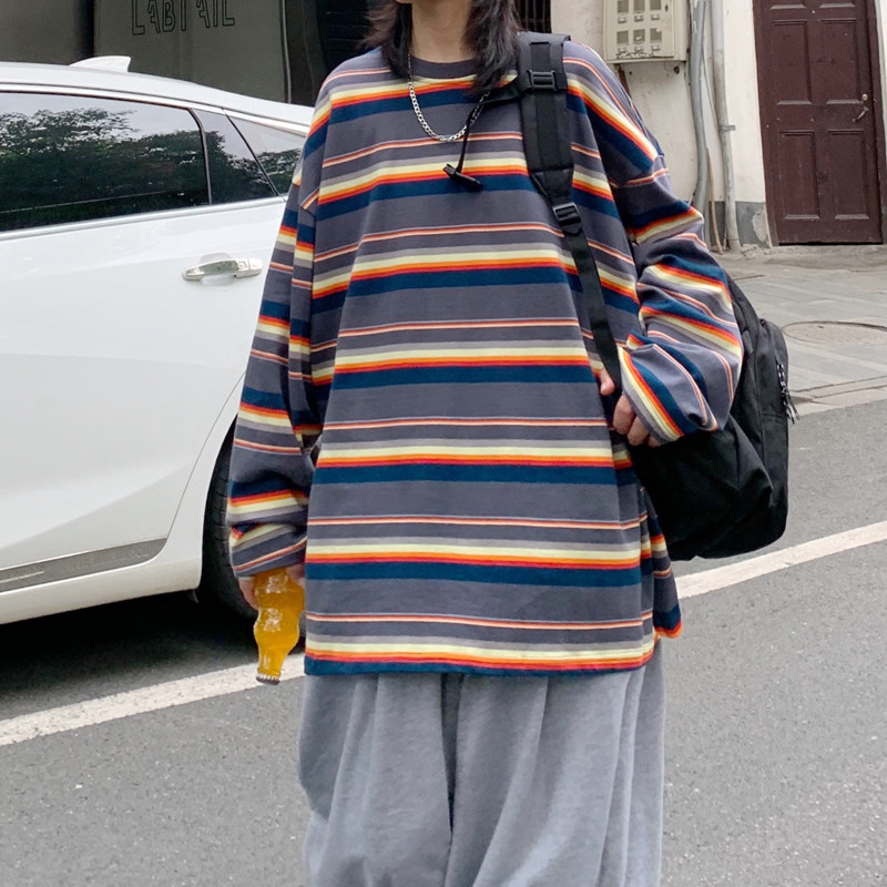 2021春季长袖卫衣条纹上衣韩版宽松港风情侣XZ404-2-TW09图片