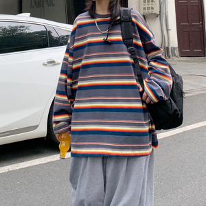 2021春季长袖卫衣条纹上衣韩版宽松港风情侣XZ404-2-TW09图片