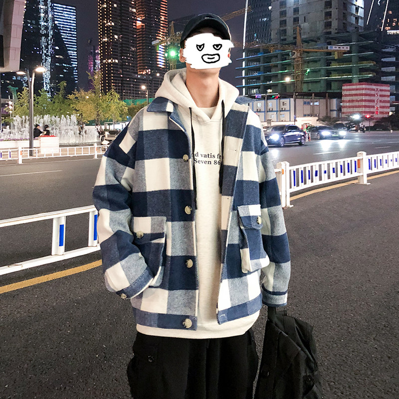 风衣男韩版港风ins格子翻领毛呢大衣2021短款夹克404-2-DY01图片
