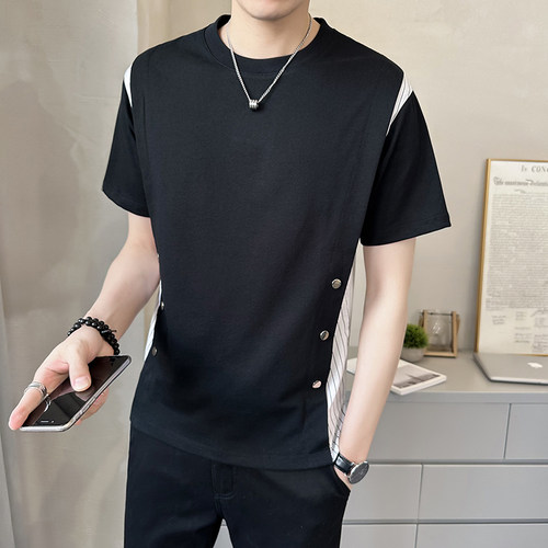 男装设计感拼接修身上衣夏季潮流休闲男士短袖t恤A307-TX66-P48