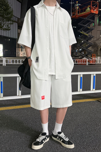 夏季休闲短袖衬衫男套装五分袖衬衣潮港风两件套404-2-TZ12图片