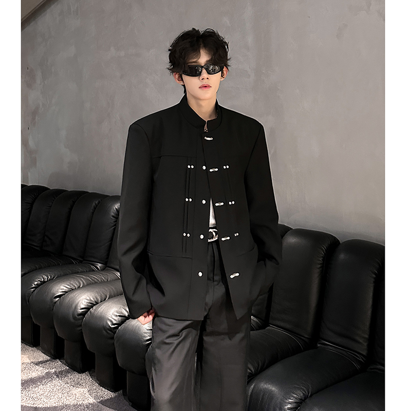 新中式立领黑色西装男重工设计金属扣宽肩西服外套409-5624-P118，男装西服套装，星座409(原A307）