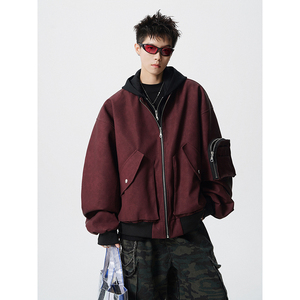 假两件拼接连帽拉链皮衣外套夹克宽松飞行服男百搭409-J200-P128图片