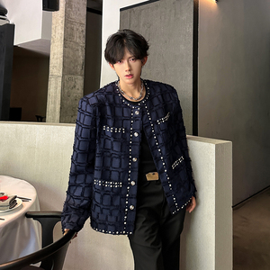 小香风短款外套男小众镶钻设计感新款毛边格子夹克409-5613-P138图片