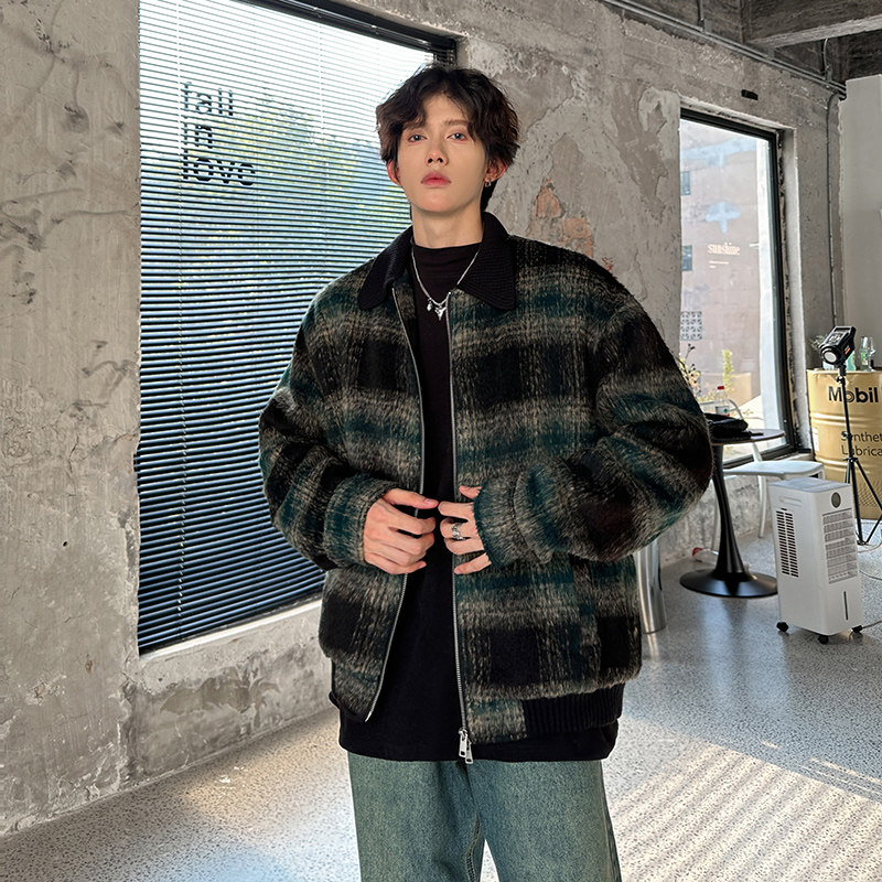 针织领廊形复古绿格毛呢外套呢子夹克上衣409-F110-P110,男装夹克,星座409(原A307）