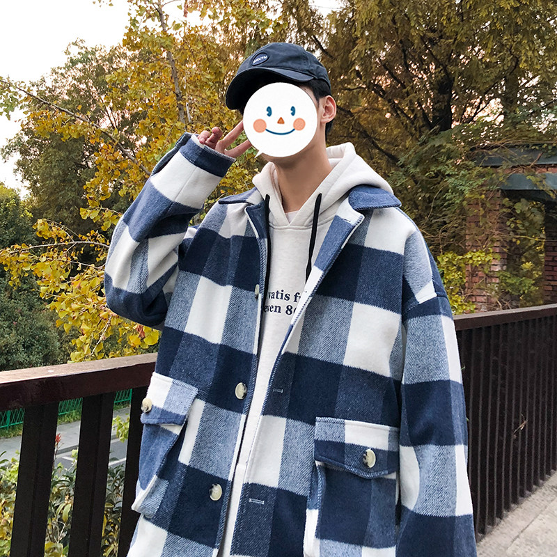 风衣男韩版港风ins格子翻领毛呢大衣2021短款夹克404-2-DY01,男装风衣,星座409(原A307）