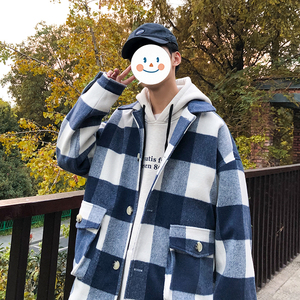 风衣男韩版港风ins格子翻领毛呢大衣2021短款夹克404-2-DY01图片