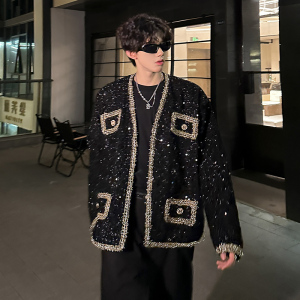 明星同款垫肩短款外套小香风外套亮片粗花男女款潮 409-5565-P138图片