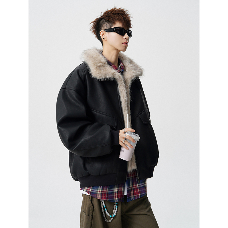 美式复古座山雕毛领皮面棉服加厚短款皮毛一体外套409-J225-P138，男装棉衣，星座409(原A307）