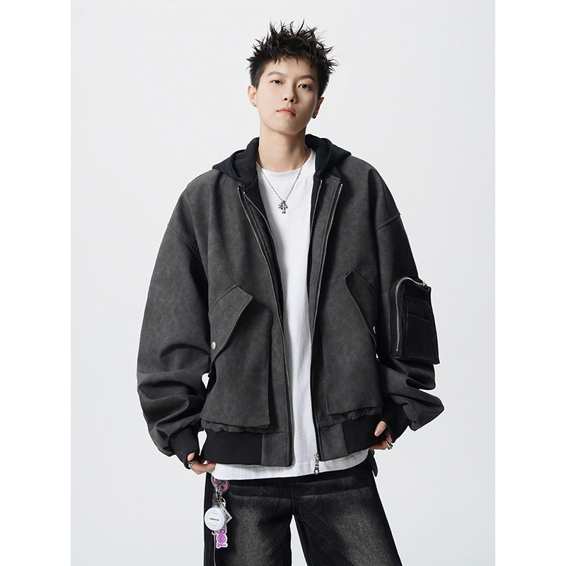 假两件拼接连帽拉链皮衣外套夹克宽松飞行服男百搭409-J200-P128,男装夹克,星座409(原A307）