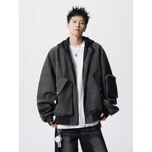 假两件拼接连帽拉链皮衣外套夹克宽松飞行服男百搭409-J200-P128图片