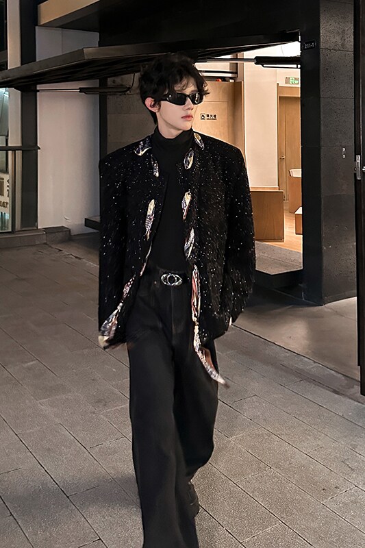 法式轻奢丝巾设计粗花小香风外套男宽松痞帅夹克409-5616-P118,男装夹克,星座409(原A307）