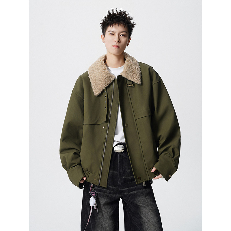 美式cleanfit羊羔绒翻领拼接夹克男短工装外套潮409-J216-P125,男装夹克,星座409(原A307）