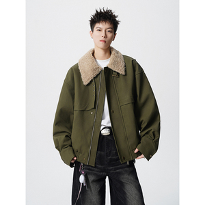 美式cleanfit羊羔绒翻领拼接夹克男短工装外套潮 409-J216-P125图片