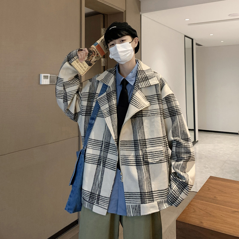 盐系慵懒毛呢格子大衣男秋冬装oversize夹克XZ404-2-DY10,男装风衣,星座409(原A307）