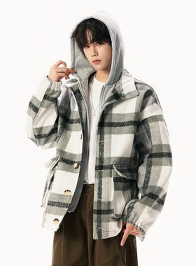 2025秋冬装毛呢大衣假两件连帽短款格子呢子外套409-DY58-P118