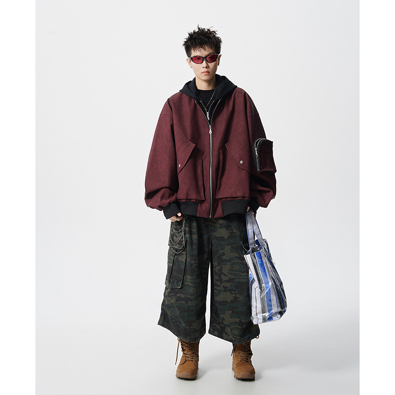 假两件拼接连帽拉链皮衣外套夹克宽松飞行服男百搭409-J200-P128，男装夹克，星座409(原A307）