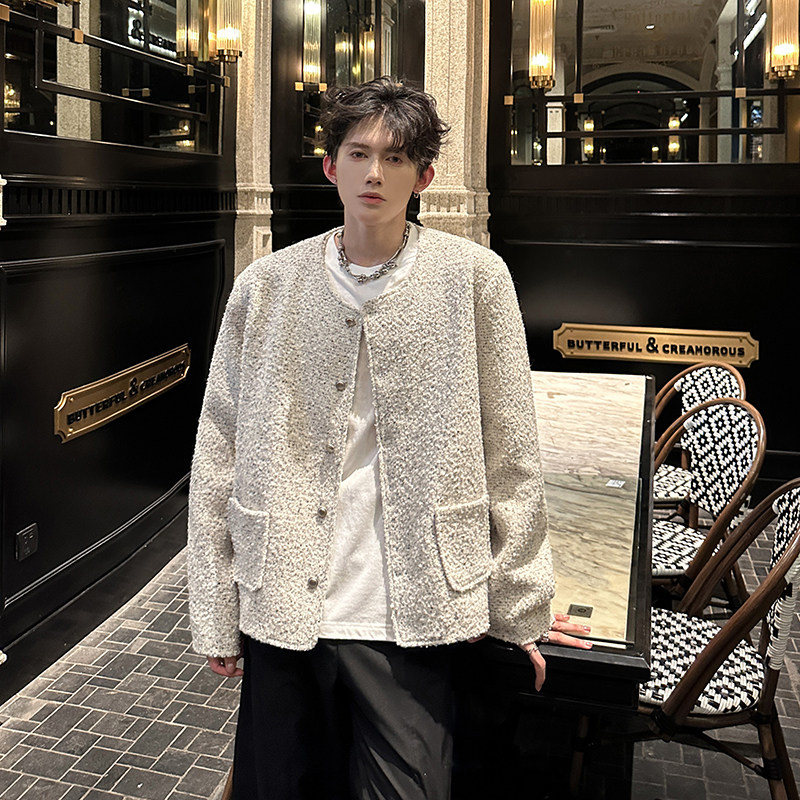 粗花呢白色垫肩小香风外套男冬季加厚高级感夹克409-5602-P108,男装夹克,星座409(原A307）