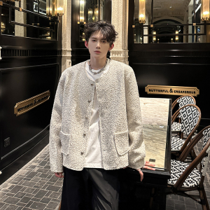 粗花呢白色垫肩小香风外套男冬季加厚高级感夹克 409-5602-P108图片