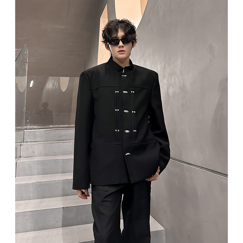 新中式立领黑色西装男重工设计金属扣宽肩西服外套409-5624-P118，男装西服套装，星座409(原A307）