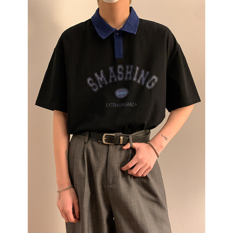 @夏装新款港风潮流撞色拼接字母印花短袖POLO衫潮A307-PL301-P55，男装Polo衫，星座409(原A307）