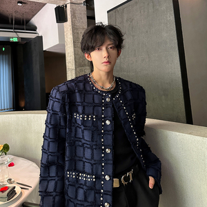 小香风短款外套男小众镶钻设计感新款毛边格子夹克409-5613-P138图片