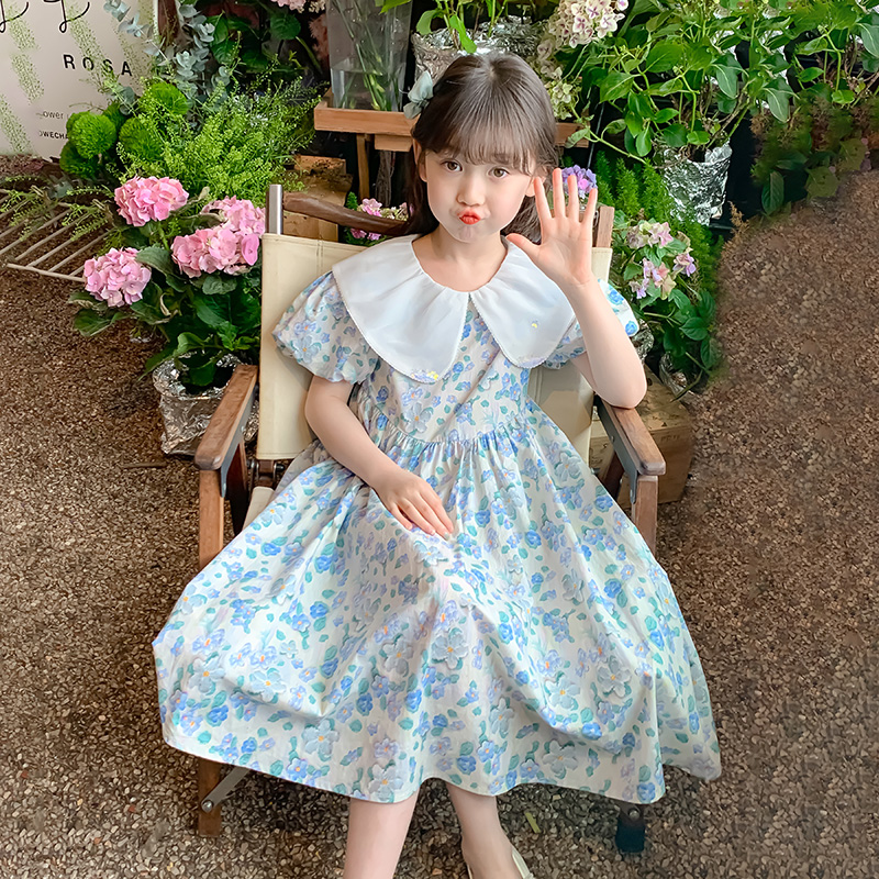 【小梨专享】女童夏季泡泡袖娃娃领甜美可爱碎花连衣裙X12192