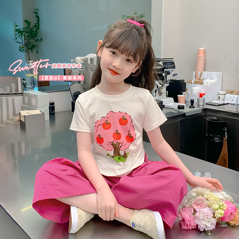 【小梨專享】女童夏季兒童洋氣休閑韓版卡通短袖闊腿褲套裝X12111
