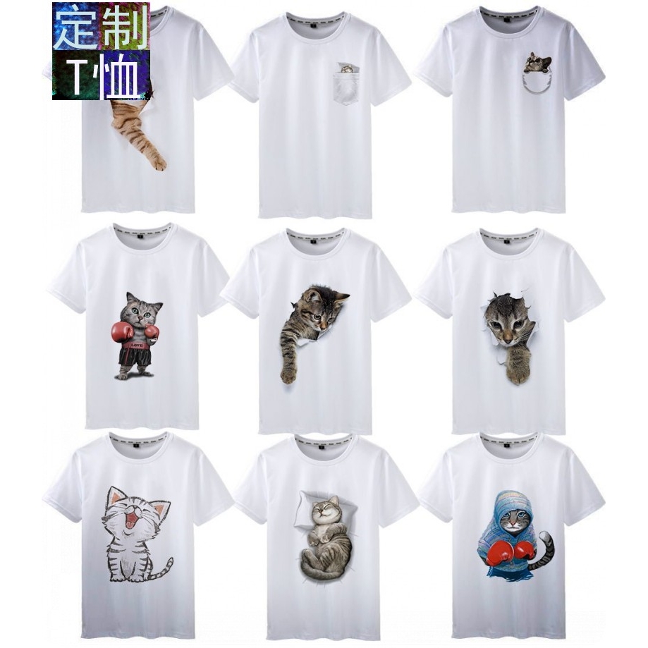 2020新款夏3D呆萌可爱猫 黑白日系复古街头潮流猫咪学生短袖TEE
