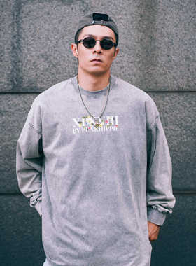 XPX 周柏豪 FLORAL DECO 花卉团队印花蜡染水洗做旧长袖T恤