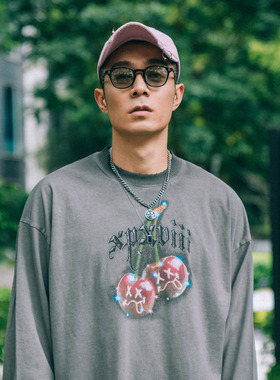 XPX 周柏豪 搞怪樱桃图案团队印花水洗做旧长袖T恤