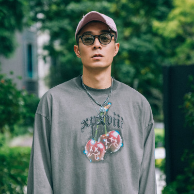 XPX 周柏豪 搞怪樱桃图案团队印花水洗做旧长袖T恤