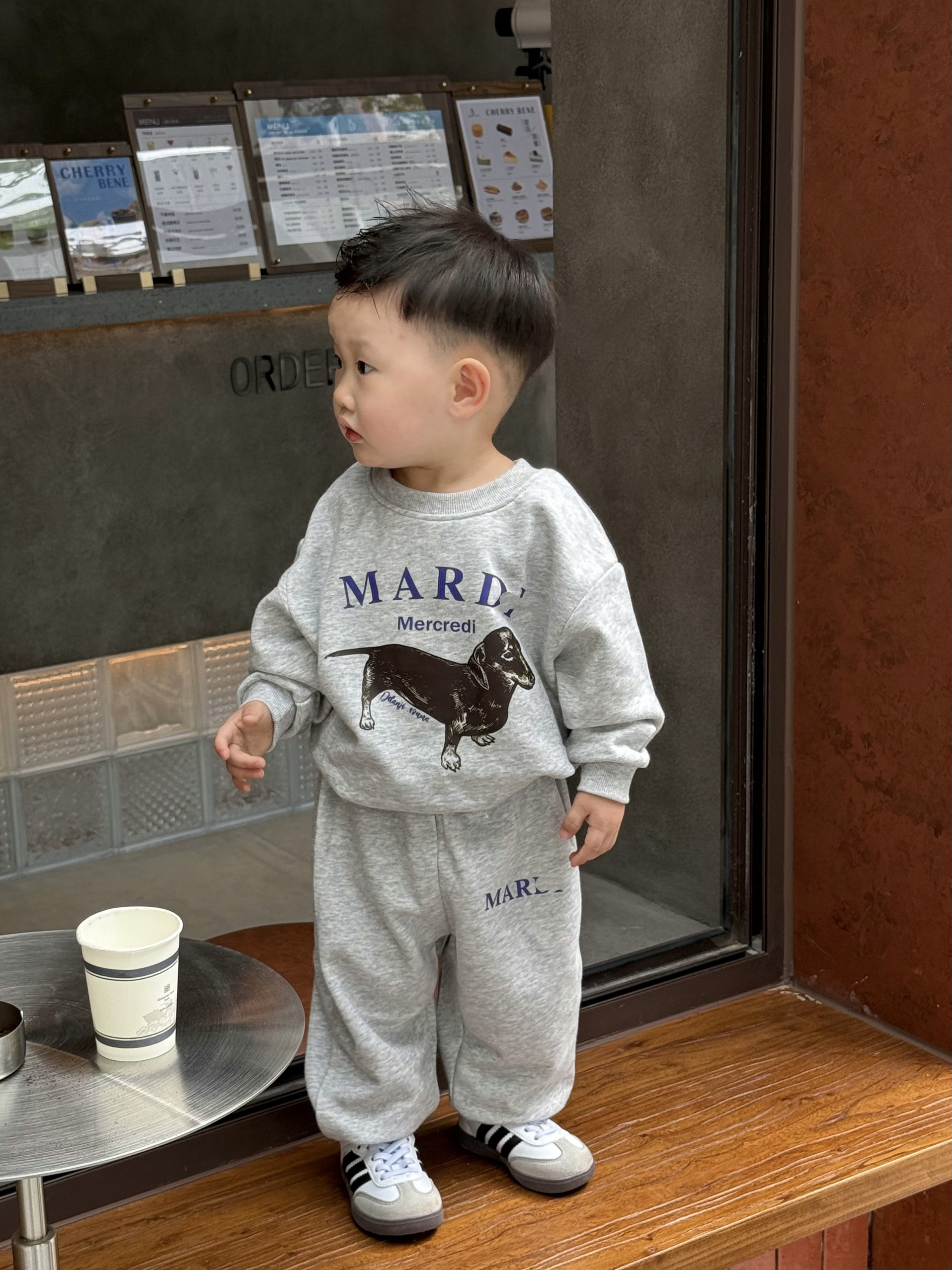 Mar家宝宝春秋冬毛圈套装卫衣卫裤腊肠狗灰色打底裤子雏菊